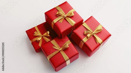 Four red presents with golden ribbons on white backdrop. photo