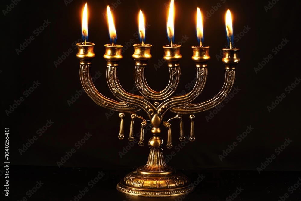 Fototapeta premium Jewish ritual object with five burning candles, often used during Hanukkah celebrations