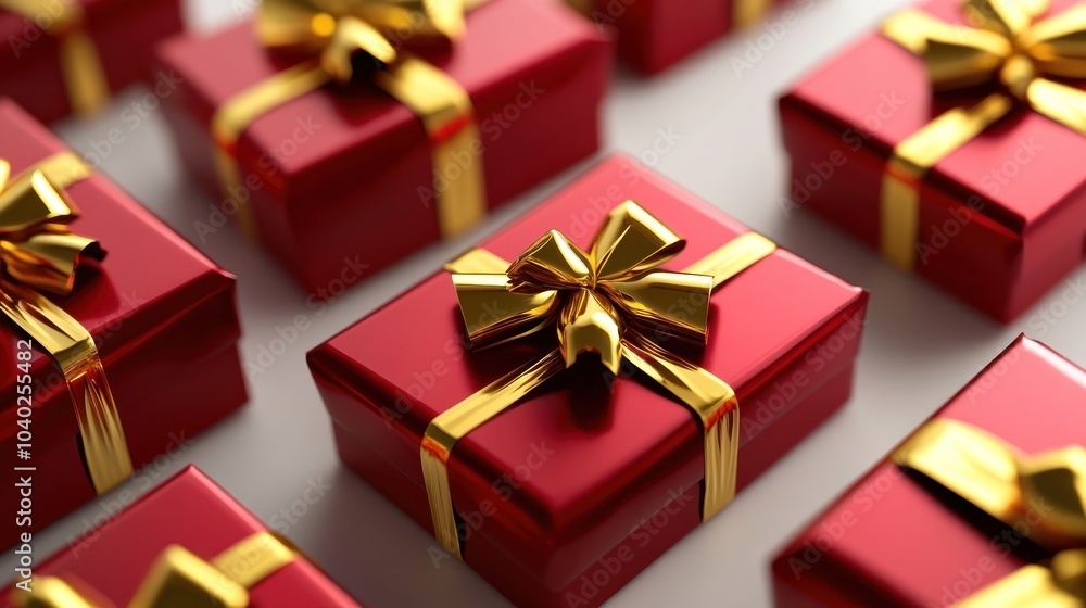 Multiple red gift boxes with luxurious golden adornments Multiple red gift boxes with luxurious golden adornments