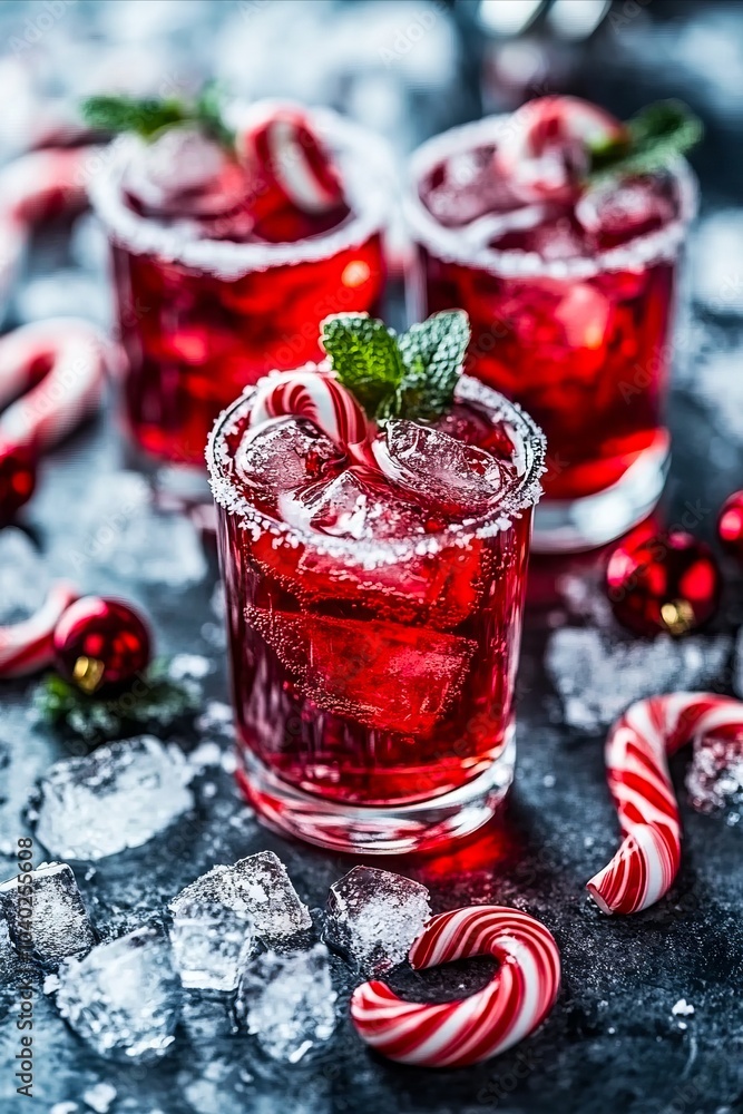 A close up of three glasses filled with red drinks and candy canes A close up of three glasses filled with red drinks and candy canes