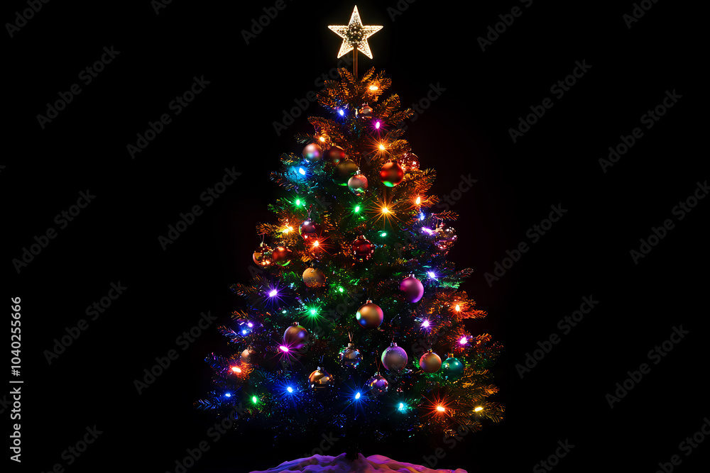 A festive illustration of a Christmas tree adorned with colorful ornaments, twinkling lights, and a shining star on top A festive illustration of a Christmas tree adorned with colorful ornaments, twinkling lights, and a shining star on top