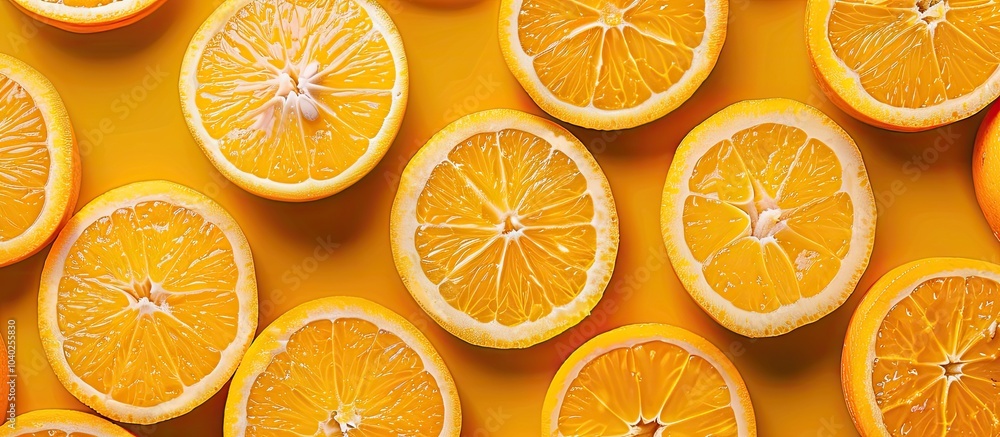 Top view of fresh orange slices arranged in a fruit pattern on a colored background creating a creative summer concept with copy space image Top view of fresh orange slices arranged in a fruit pattern on a colored background creating a creative summer concept with copy space image