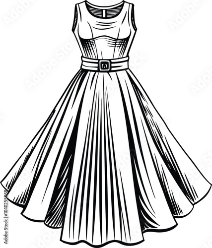 Set of A Line Dresses technical fashion illustration line art drawing style.