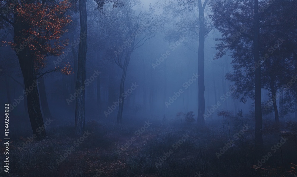 Mysterious Foggy Forest with Bare Trees and Blue Hue Mysterious Foggy Forest with Bare Trees and Blue Hue