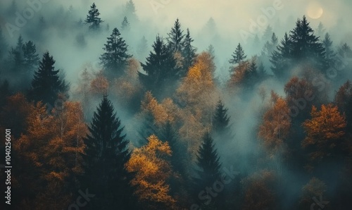 Misty Forest with Autumn Foliage and Rising Sun