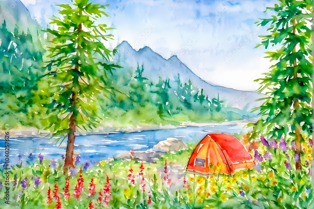 custom made wallpaper toronto digitalWatercolor painting of riverside camping with mountain surrounded by colorful flowers.