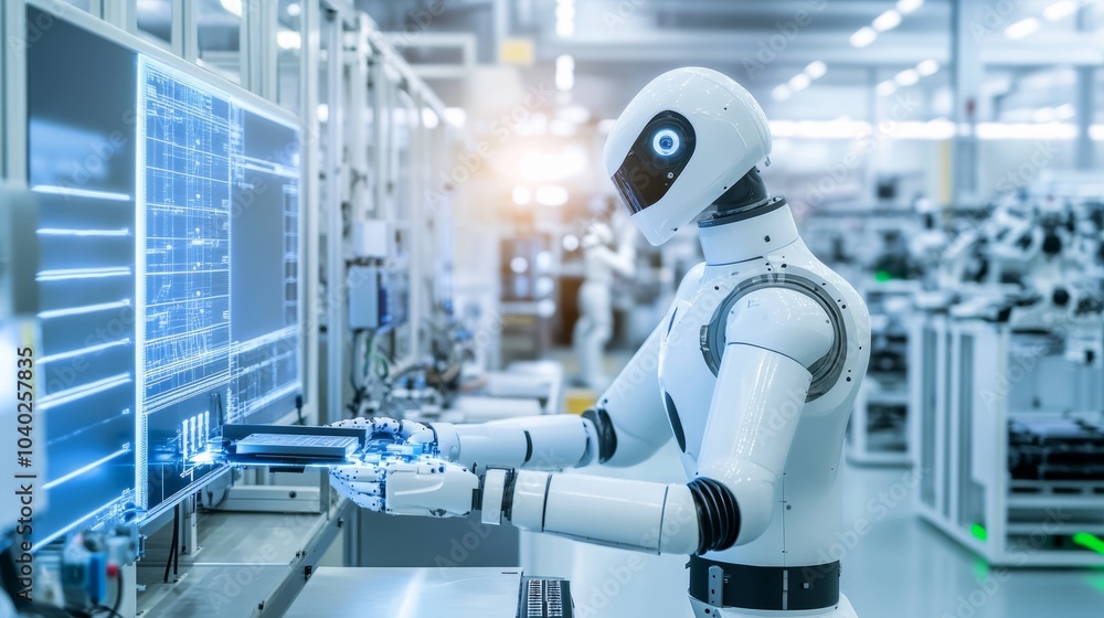 A robot performing quality control checks in a clean manufacturing plant with automated assembly lines and organized workstations, Industrial tech style, photo of A robot performing quality control checks in a clean manufacturing plant with automated assembly lines and organized workstations, Industrial tech style, photo of