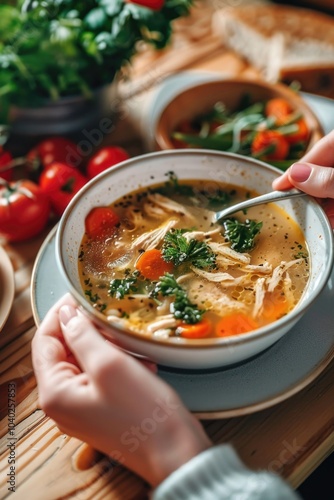 A person enjoying a warm and comforting bowl of soup with a spoon