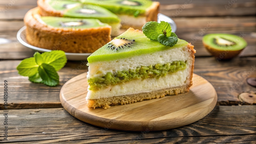 slice of Kiwi cake with powdered sugar with wooden table slice of Kiwi cake with powdered sugar with wooden table