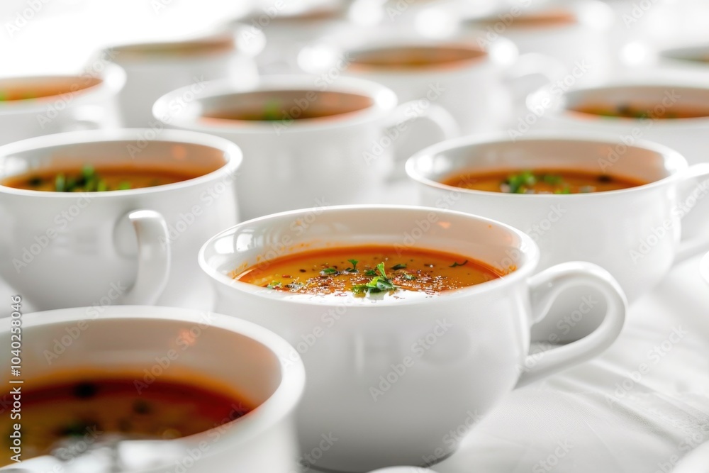 A close-up shot of multiple cups of soup on a table A close-up shot of multiple cups of soup on a table