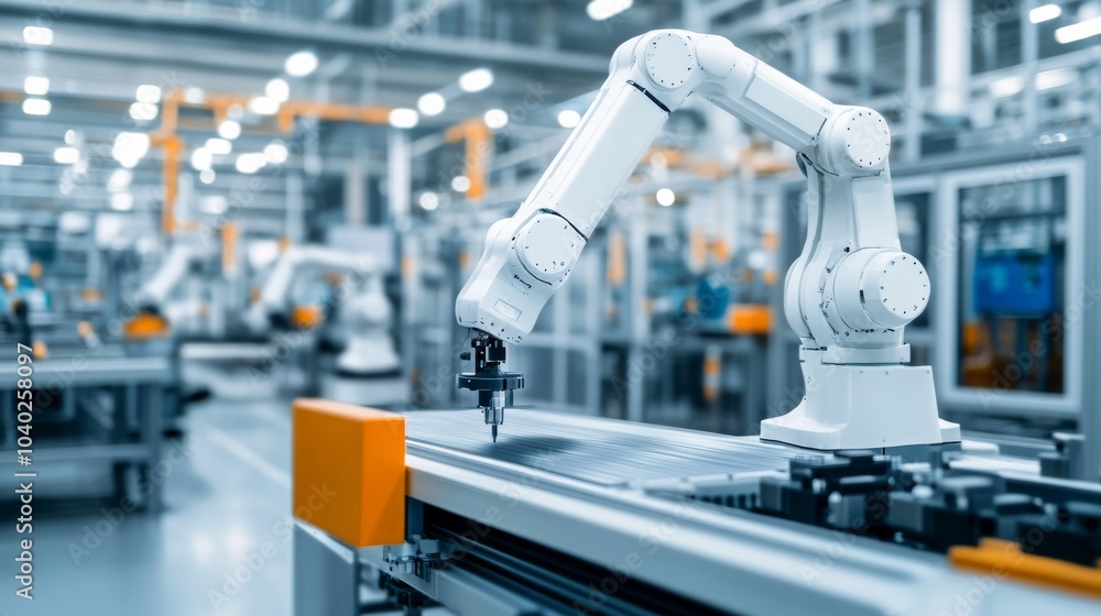 A robot performing quality control checks in a clean manufacturing plant with automated assembly lines and organized workstations, Industrial tech style, photo of A robot performing quality control checks in a clean manufacturing plant with automated assembly lines and organized workstations, Industrial tech style, photo of