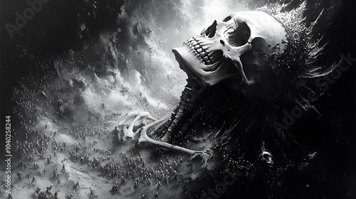 Dark Fantasy Scene with Skull and Army in Background