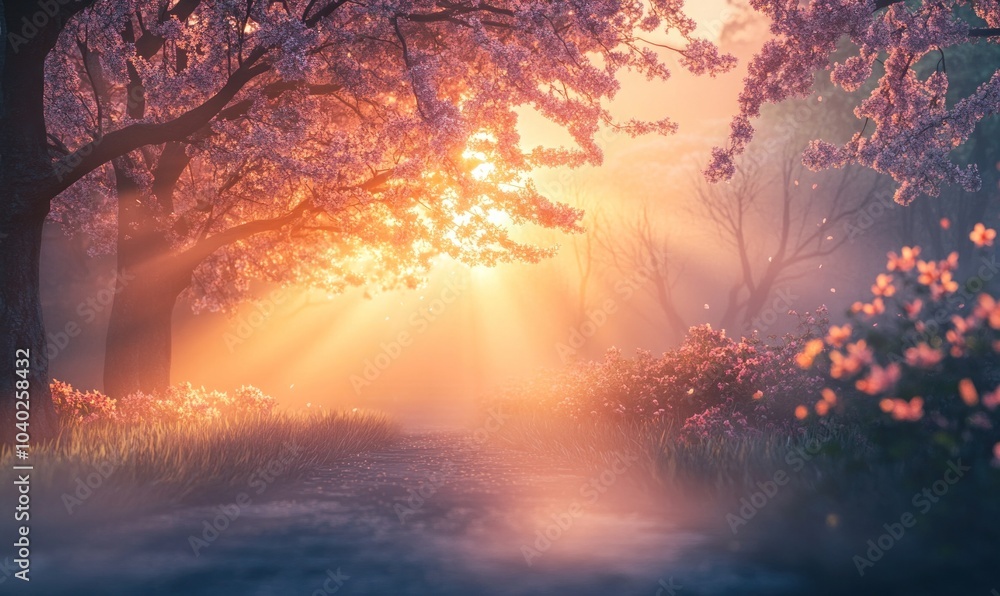 Serene Sunrise Through Blossoming Cherry Trees Serene Sunrise Through Blossoming Cherry Trees