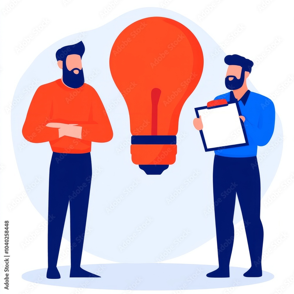 Two men discussing ideas with a light bulb symbolizing creativity. Two men discussing ideas with a light bulb symbolizing creativity.
