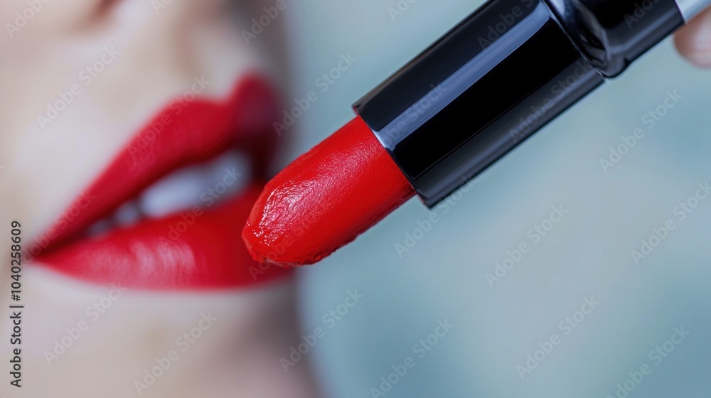 Obraz premium Impactful red lipstick on lips with glossy texture