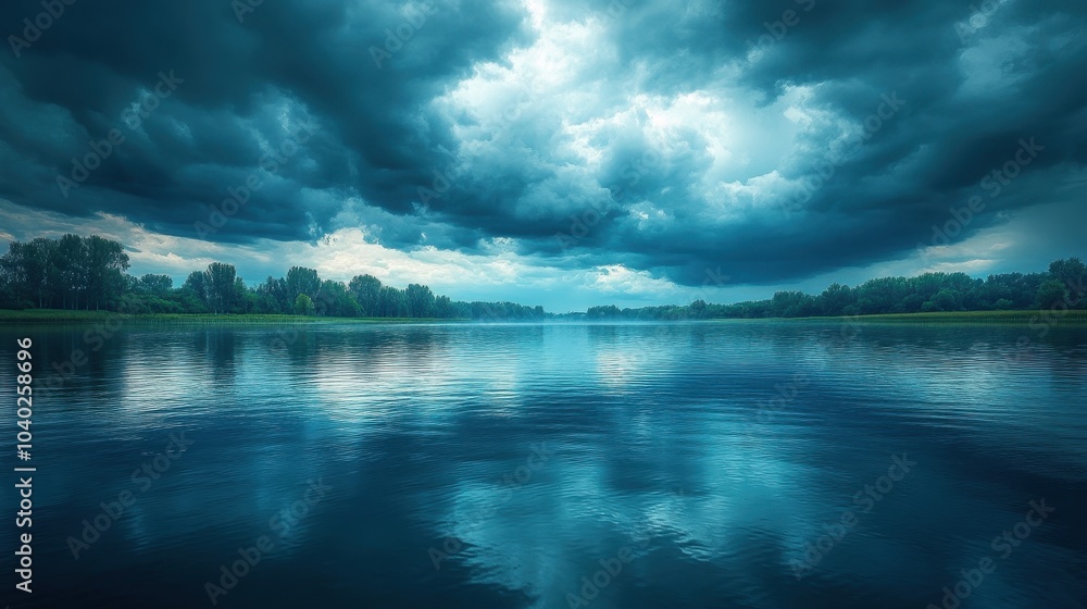 Fototapeta premium Tranquil reflections a serene river under dramatic skies
