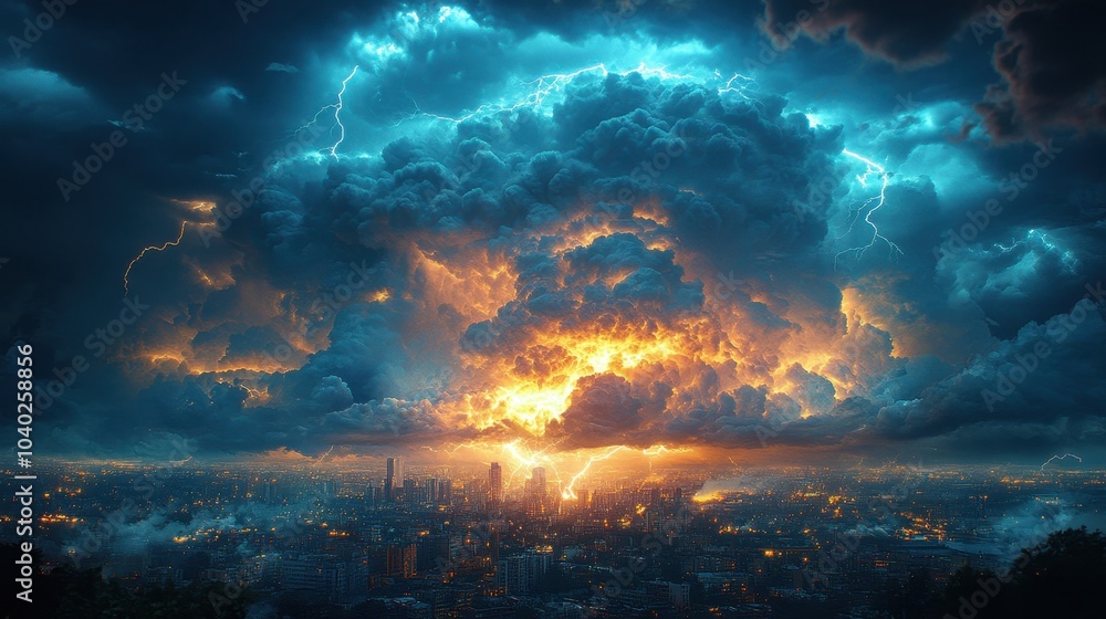 Obraz premium Dramatic thunderstorm over urban skyline illuminated by lightning and fire