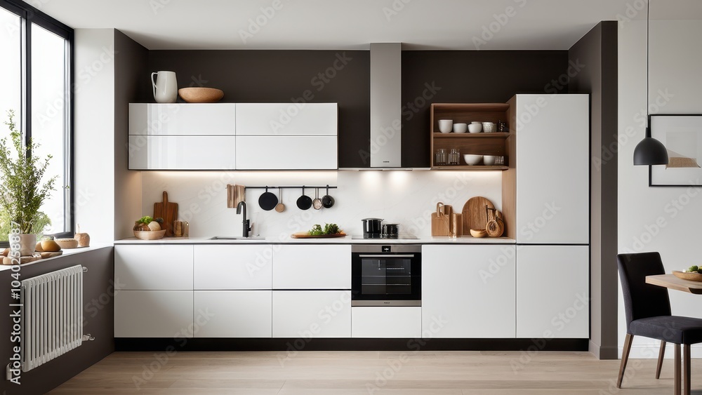 Fototapeta premium A modern kitchen with white cabinets and a black countertop. Wooden accents and plants add warmth. A dining area with a black lamp is visible.