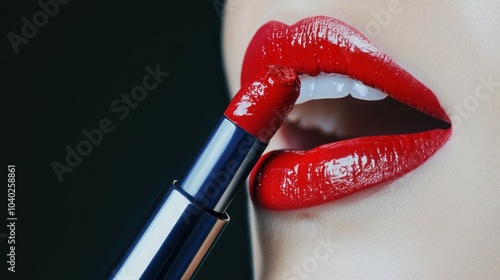 Shiny red lipstick applied to glossed lips photo