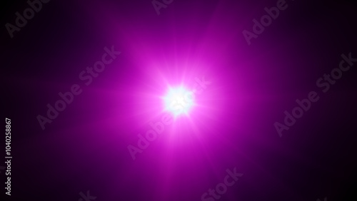 Abstract pink purple digital lens flare with bright light on black background. 