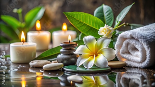 Spa Still Life with Frangipani Flower and Natural Elements for Relaxation and Wellness