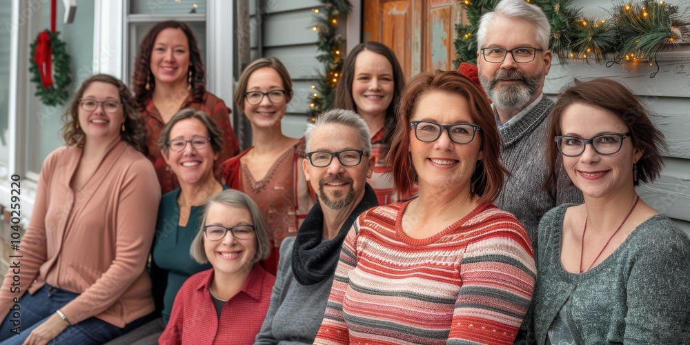 Obraz premium A cheerful group of ten people posing together outside a decorated house during a festive holiday season, smiling and dressed in casual winter attire