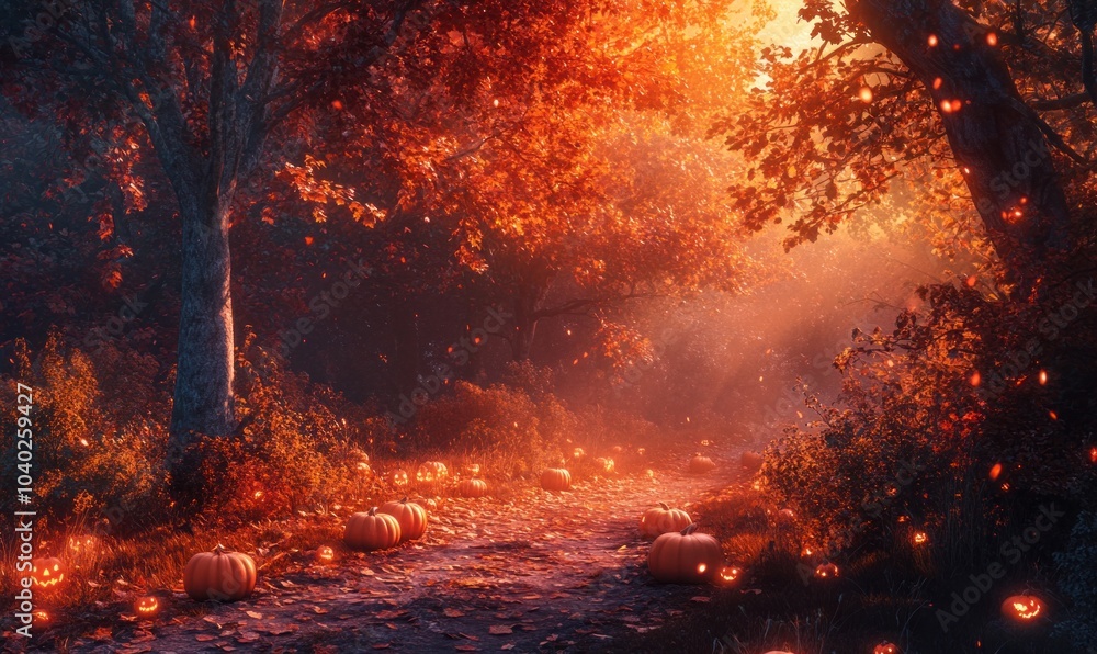 Enchanting Forest Pathway with Glowing Pumpkins Enchanting Forest Pathway with Glowing Pumpkins