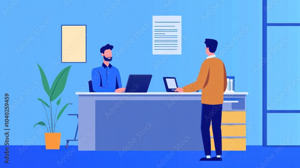 Insurance claim process with an agent assisting a client at a desk Insurance claim process with an agent assisting a client at a desk