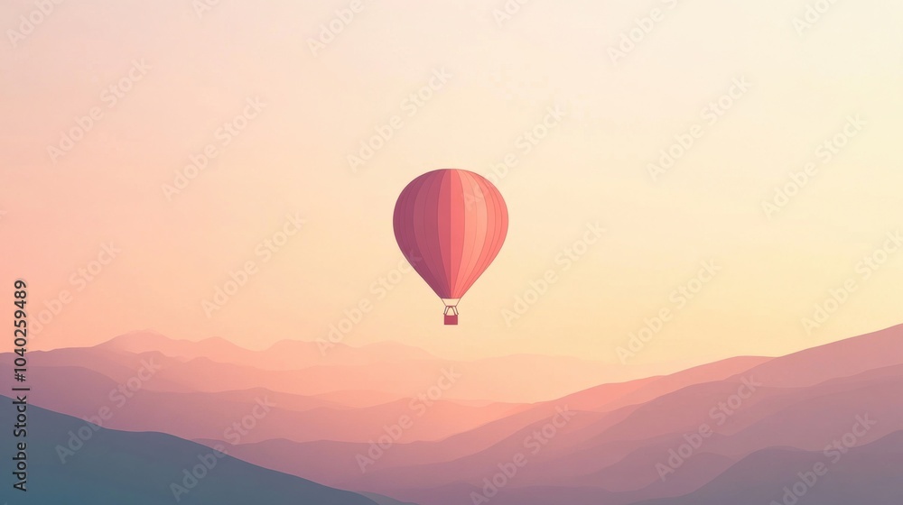 A vibrant hot air balloon drifts above the mountains during a calm dawn, creating a peaceful and inspiring atmosphere for viewers. Generative AI A vibrant hot air balloon drifts above the mountains during a calm dawn, creating a peaceful and inspiring atmosphere for viewers. Generative AI