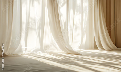 beige bright environment of the Empty room environment, a ray of sunlight fromthe bright glass window home styling photo