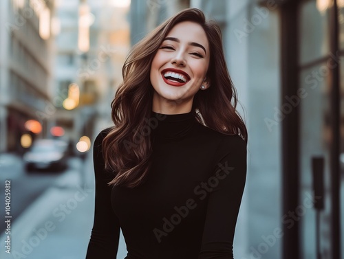 A woman in a black dress smiles while standing on a city street