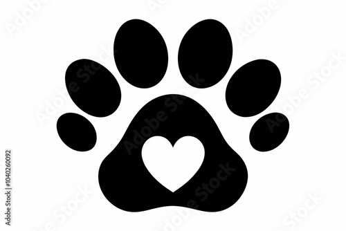 Heart and pet paw icon, Paw print with heart black silhouette vector
