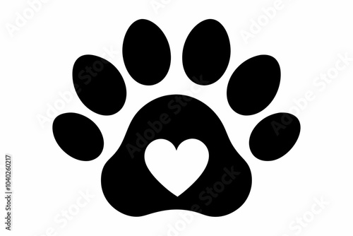 Heart and pet paw icon, Paw print with heart black silhouette vector