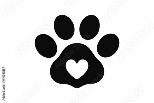Heart and pet paw icon, Paw print with heart black silhouette vector