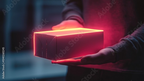 Vibrant red gift box held in moody atmosphere