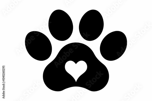 Heart and pet paw icon, Paw print with heart black silhouette vector