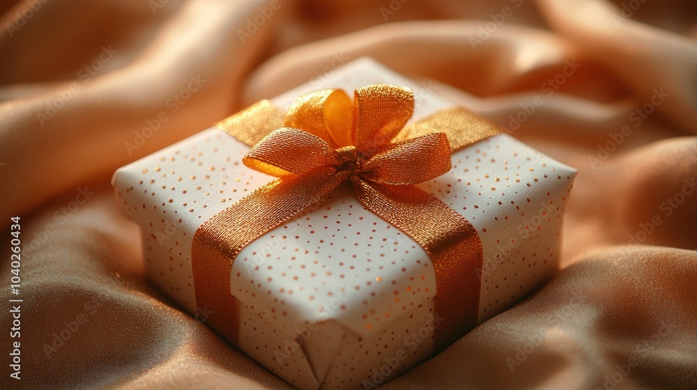 Beautifully wrapped gift box with a golden ribbon on satin fabric Beautifully wrapped gift box with a golden ribbon on satin fabric