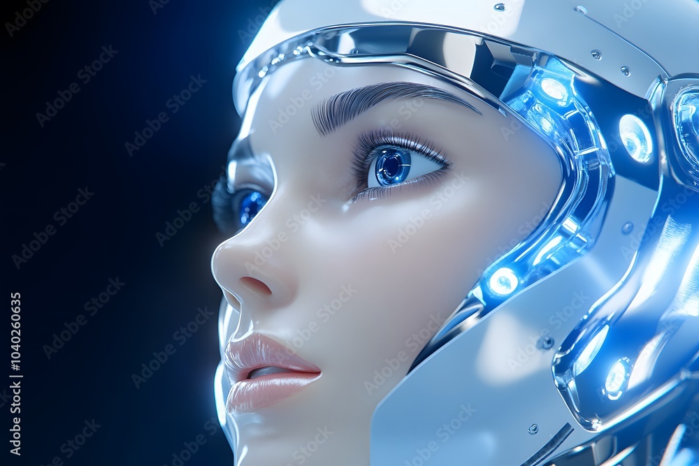 3D render of a blue and silver female robot head with a shiny metal surface and reflections on a black background 3D render of a blue and silver female robot head with a shiny metal surface and reflections on a black background