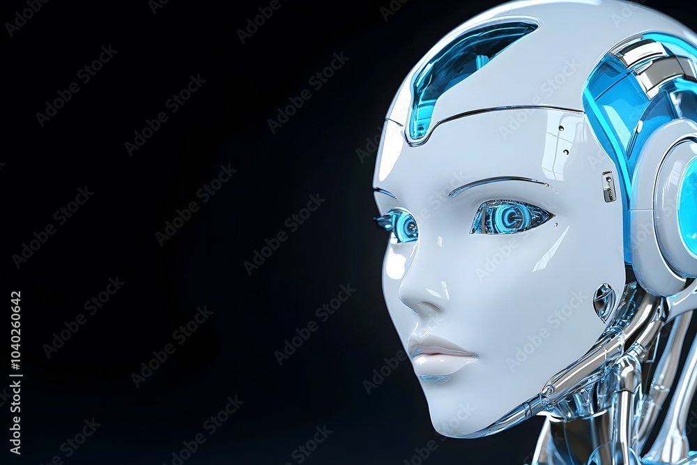 3D render of a blue and silver female robot head with a shiny metal surface and reflections on a black background 3D render of a blue and silver female robot head with a shiny metal surface and reflections on a black background