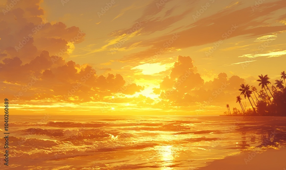 Fototapeta premium Tropical Sunset Over Ocean Waves and Palm Trees