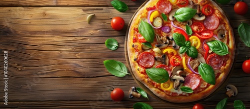 Top view of a tasty pizza topped with salami vegetables mushrooms and basil on a wooden surface with copy space image available