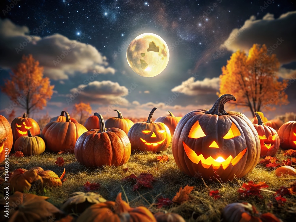 Spooky Full Moon Night with Glowing Jack-o'-Lanterns in a Field Spooky Full Moon Night with Glowing Jack-o'-Lanterns in a Field