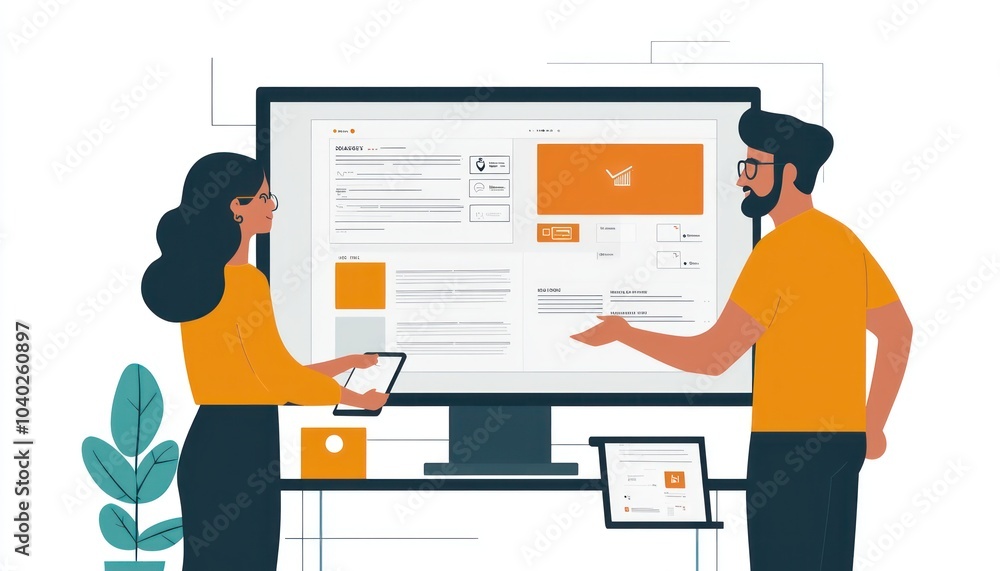 UX and UI designers collaborating over a website mockup, focusing on enhancing user interaction and visual appeal for an optimal user experience. UX and UI designers collaborating over a website mockup, focusing on enhancing user interaction and visual appeal for an optimal user experience.