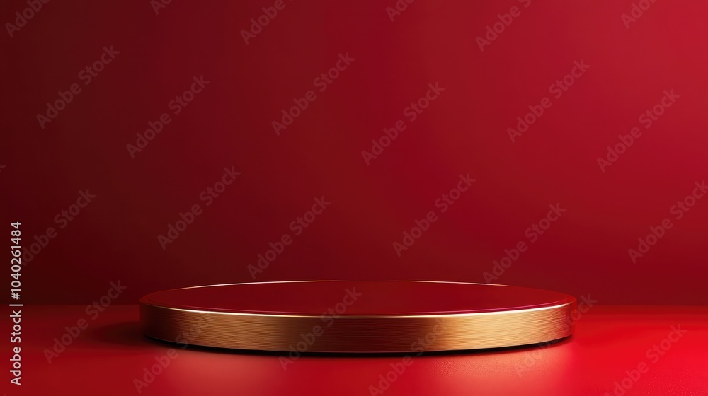Luxury product podium on a red background with a modern circular platform for product display Luxury product podium on a red background with a modern circular platform for product display