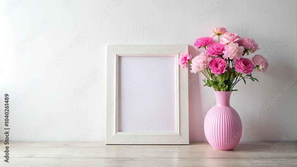 Aerial pink vase filled with flowers beside picture frame mockup on white wall Aerial pink vase filled with flowers beside picture frame mockup on white wall