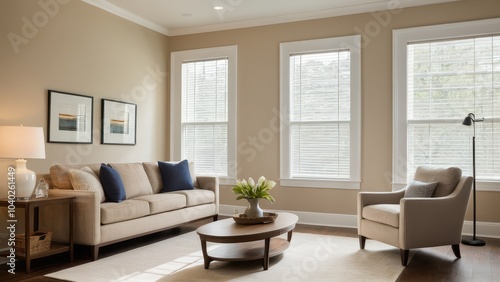 Wallpaper Mural A cozy living room with a beige sofa, armchair, and wooden coffee table. Large windows allow ample light Torontodigital.ca