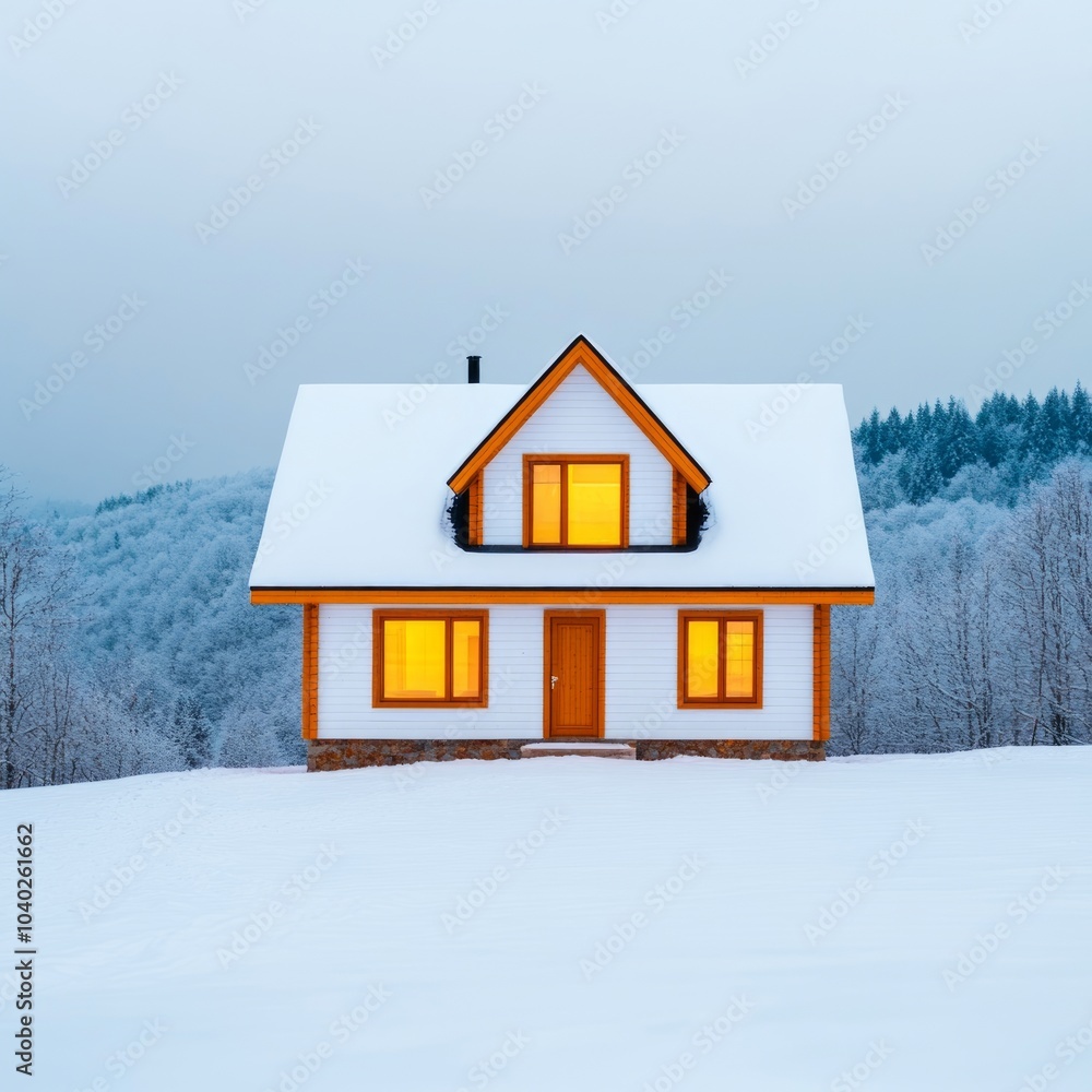 A cozy house with glowing windows amidst a snowy landscape. A cozy house with glowing windows amidst a snowy landscape.
