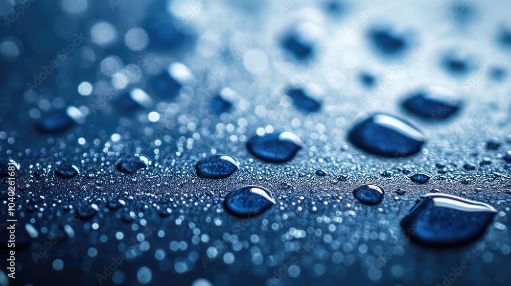 Macro shot of water droplets on a blue surface, illustrating purity, freshness, and natural elements Macro shot of water droplets on a blue surface, illustrating purity, freshness, and natural elements