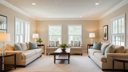 A cozy living room with a beige sofa, armchair, and wooden coffee table. Large windows allow ample light