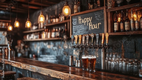 A cozy, dimly lit bar featuring a wooden counter, a chalkboard sign advertising happy hour, a line of various taps with beer, and drinks ready to be served, creating a warm and inviting atmosphere